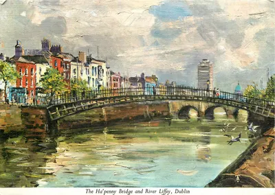 O Ha'penny Bridge e o rio Liffey, Dublin — pintura a óleo — John Hinde & Co.