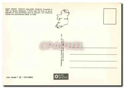 Fachada Oeste, Trinity College, Dublin — fundado em 1591 por Elisabeth I — editor Hanover Stationery Co. Ltd. — Verso