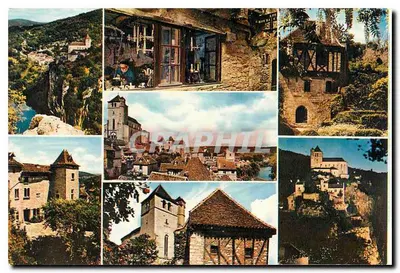 Saint-Cirq-Lapopie — vista panorâmica com igreja e canyon — editor não visível — Verso