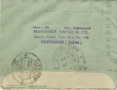 Carta postal interior — Manbhar Dayal & Co., Jamnagar — destinada a Ramnimes Garg, Bansdeoli, Rajasthan — Verso