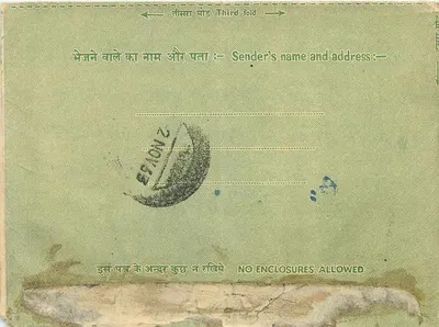 Carta interna indiana — Rajastão — selo de 10 p. India 1949 — Verso