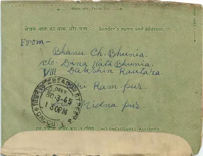 Carta interna indiana — Calcutá, 30.3.65 — editor não visível — Verso