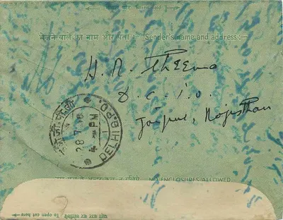 Binnenlandse brief uit India — Pandit Kesho Ram Ashwatta, Chandlani Chowk, Delhi — uitgever niet zichtbaar — Achterkant
