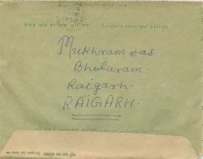 Carta interna indiana — Raigadh para Bombay — editor não visível — Verso