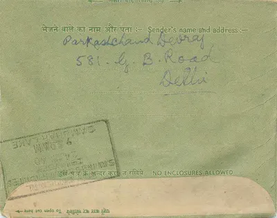 Carta interna indiana — Delhi para Sambhar Lake — selo de 10 p. e carimbo de Delhi — Verso