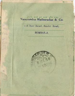 Carte postal indiana — texto em devanagari e escrita manuscrita — editor Narayandas Mathuradas & Co. Bombay — Verso