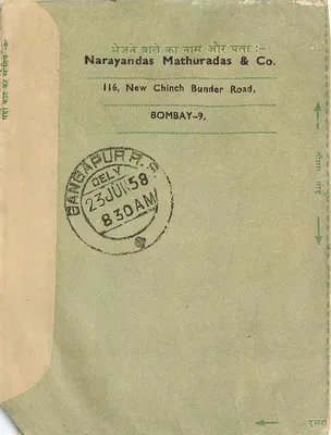 Carta postal indiana — Bombay para Gangabail City — editor Narayandas Mathuradas & Co. — Verso