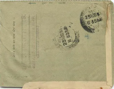 Carta postal indiana — texto em hindi e inglês — selo de 1½ anna, destinada a Jaipur — Verso