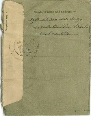 Carta interna indiana — Calcutá para Jaipur — selo 14 A9 Índia — Verso