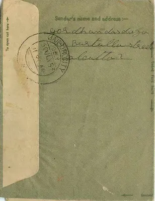 Carta interna indiana — Calcutá para Faizpur — editor não visível — Verso