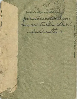 Carta interna indiana — 15 de maio de 1953 — Calcutá para Jaipur — Verso