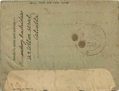 Carta postal indiana — envio de Calcutta para Kanpur — selo de 4 annas 1952 — Verso