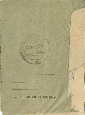 Carta postal indiana — texto em hindi e escrita manuscrita — editor não visível — Verso