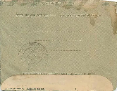 Carta postal interna indiana — Refugiados — Editor: India Post — Verso