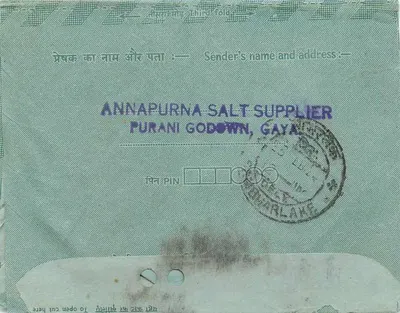 Carta postal interna indiana — Indipex 75 — selo 15 p. — destinatário em Sambhar Lake — Verso