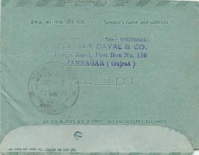 Carta postal interna IndiPex — Manbhar Dayal para Harjivan Tal, Rajasthan — editor IndiPex, série 73 — Verso