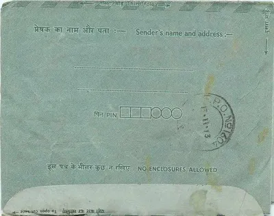 Carta postal interior indiana — Indipex 73 — selo de 15 p. — destinatário Ravindra Kumar Sharma — Verso