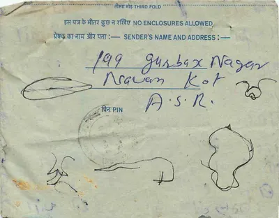 Carta postal interna indiana — Miss Anita Sharma, Jaipur — selo de 20 p. azul — Verso