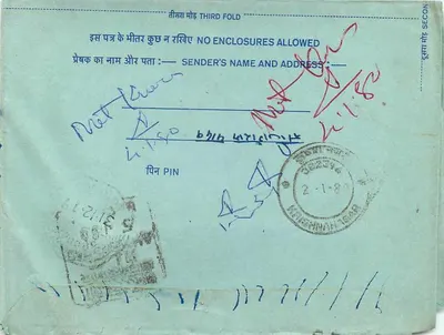 अंतर्देशीय भारतीय पोस्टकार्ड — 20 एन्ना के टिम्बर, 2-1-87 के ओब्लिटेरेशन — एडिटर अदृश्य — पीछे