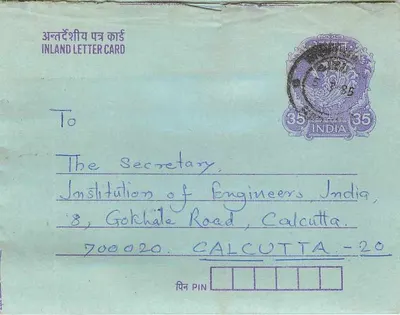 Carta postal interna indiana — Gandhi — destinada à Instituição de Engenheiros, Indiq — selo de 35 annas