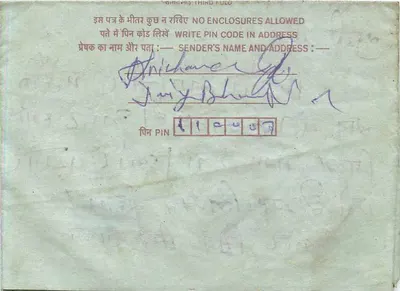 Tarjeta postal interna india — 75 paise — destinada a Mr. Aadam Koirala en Jaipur — Reverso