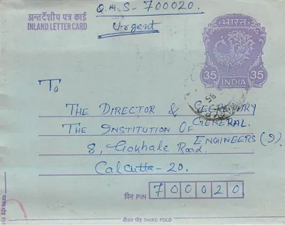 Carta postal interior indiana — Gandhi — destinada à Instituição dos Engenheiros (D) em Calcutá — selo de 35 anos