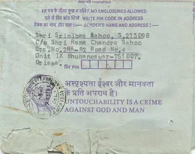 Carta postal interna indiana — 35 annas — destinada à Instituição dos Engenheiros (Índia) em Calcutta — verso com texto anti-untouchabilidade — Verso