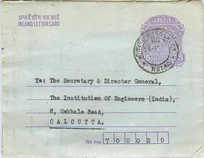 Carta postal interna — Calcutá — editor: Institution of Engineers (India)