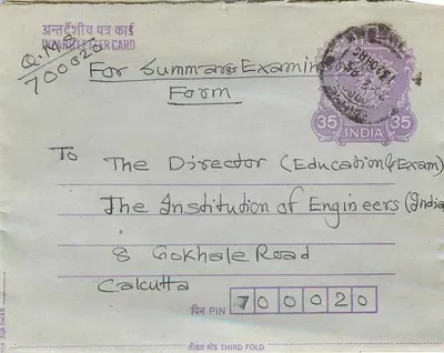 Carta postal interna indiana — mensagem contra a untouchabilidade — destinada à Institution of Engineers (India) em Calcutta