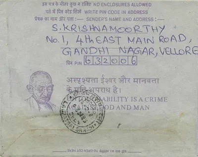 Carta postal interna indiana — S. Krishnamoorthy, Vellore à Instituição de Engenheiros, Calcutá — selo de 35 annas — Verso