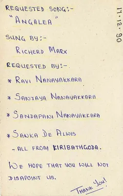 Carta postal Sri Lanka — solicitação de música — editor desconhecido, número de série não visível — Verso