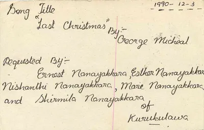 Carta postal do Sri Lanka — solicitação de música — editor desconhecido — Verso