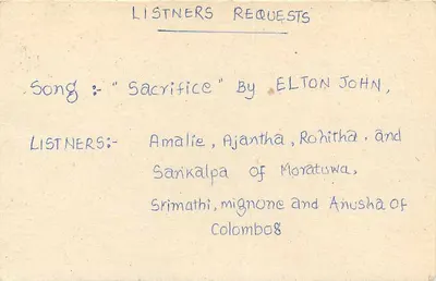 Richieste degli Ascoltatori — Servizio Inglese, Sri Lanka Broadcasting Corporation — Colombo 7 — Verso