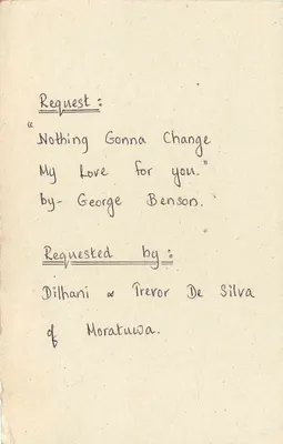 Carta postal Sri Lanka — solicitação de música — Sri Lanka Broadcasting Corporation — Verso
