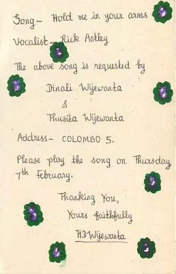 Solicitação de música — Sri Lanka — S.L.B.C. Colombo 7 — Verso