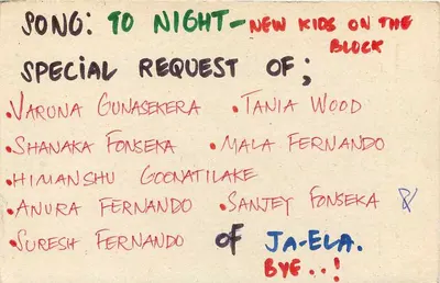Carta postal do Sri Lanka — solicitação de música — editor desconhecido — Verso