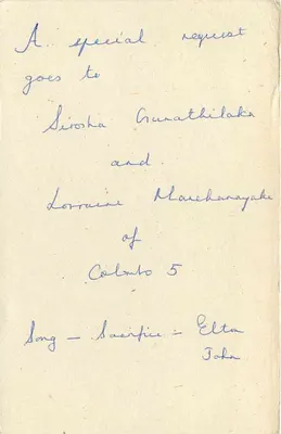 Sri Lanka — Carte postal com solicitação musical — editor desconhecido — Verso