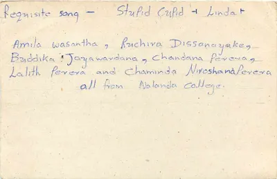 Sri Lanka — Cartolina postale con richiesta di canzoni — editore sconosciuto — Verso