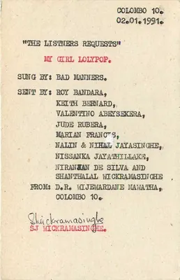 Carta postal Sri Lanka — 'The Listners Requests' — editor S.L.B.C., Colombo — Verso