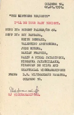 Sri Lanka — Cartolina musicale — The 'Listners Requests' — editore S.L.B.C. — Verso