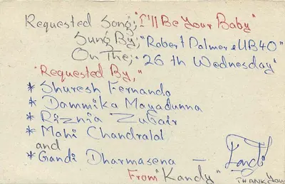 Carta postal do Sri Lanka — solicitação de música — editor desconhecido, número de série não visível — Verso