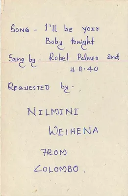Carte postale de Sri Lanka — demande de chanson — éditeur inconnu — Verso