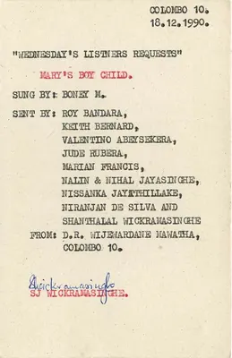 Sri Lanka — 'Wednesday's Listeners Requests' — C/O English Service, S.L.B.C., Colombo — Verso