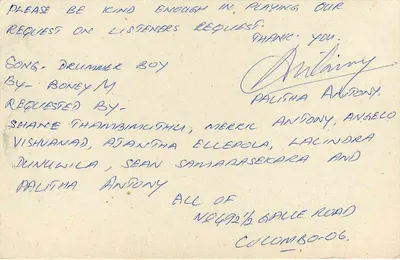 Cartão postal Sri Lanka — pedido de música — editor desconhecido — Verso