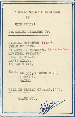 Never Trust a Stranger — Kim Wilde — Sri Lanka — Carta postal — Verso
