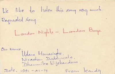Carta postal Sri Lanka — solicitação de serviço inglês — cerca de 1991 — Verso