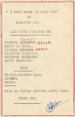 Carta postal do Sri Lanka — 'I Only Wanna Be With You' por Samantha Fox — destinada a S.L.B.C. Colombo — Verso