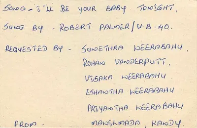 Carta postal Sri Lanka — pedido de música — editor desconhecido, número de série não visível — Verso