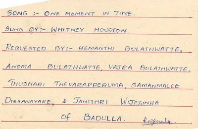 Solicitação de música — One Moment in Time — Whitney Houston — Badulla — Verso