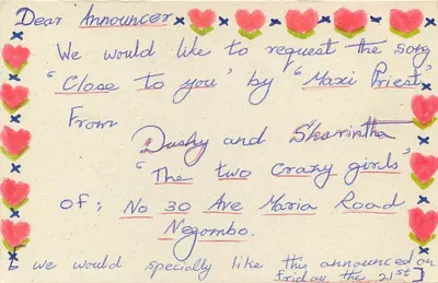 Tarjeta postal de Sri Lanka — petición de canción — editor Sri Lanka — Reverso